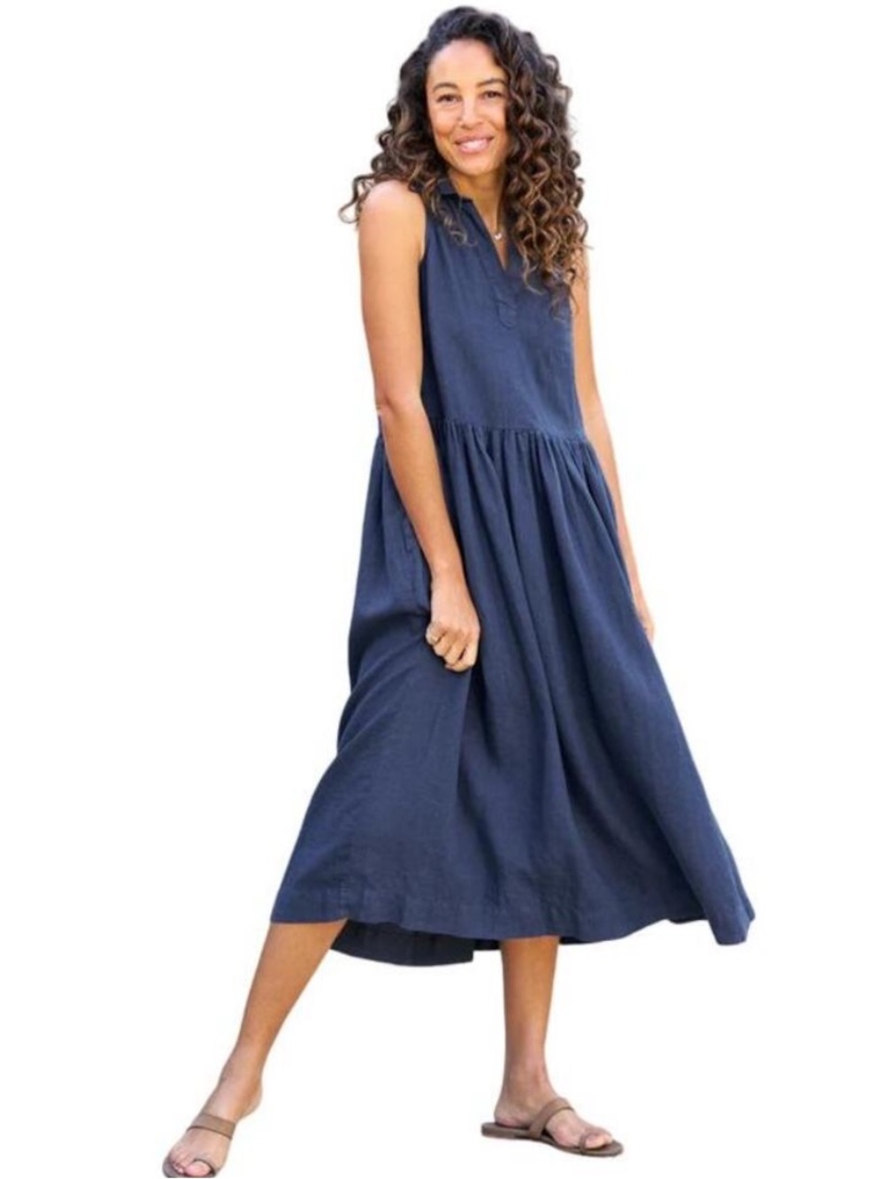 Frank & Eileen DAPHNE Popover Linen Maxi Shirt Dress Navy Large - Picture 14 of 14